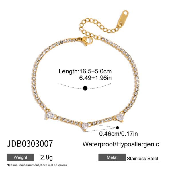 Women's Romantic 18K Gold Stainless Steel Zircon Heart Link Diamond Bracelet