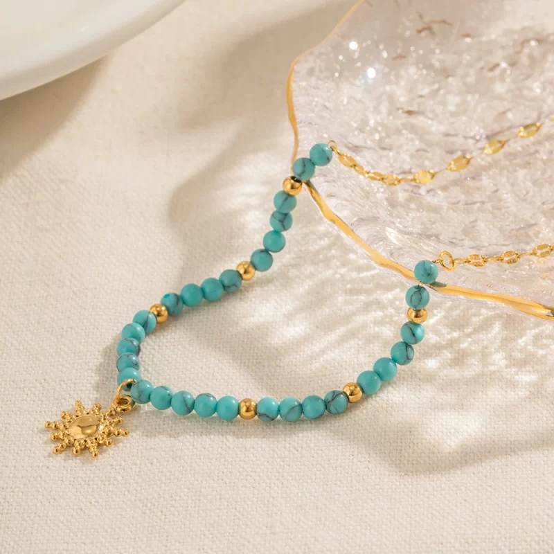Ins Popular Bohemian 18K Gold Plated Turquoise Oval Chain Gemstone Beaded Sun Pendant Necklace for Girls - Image 3