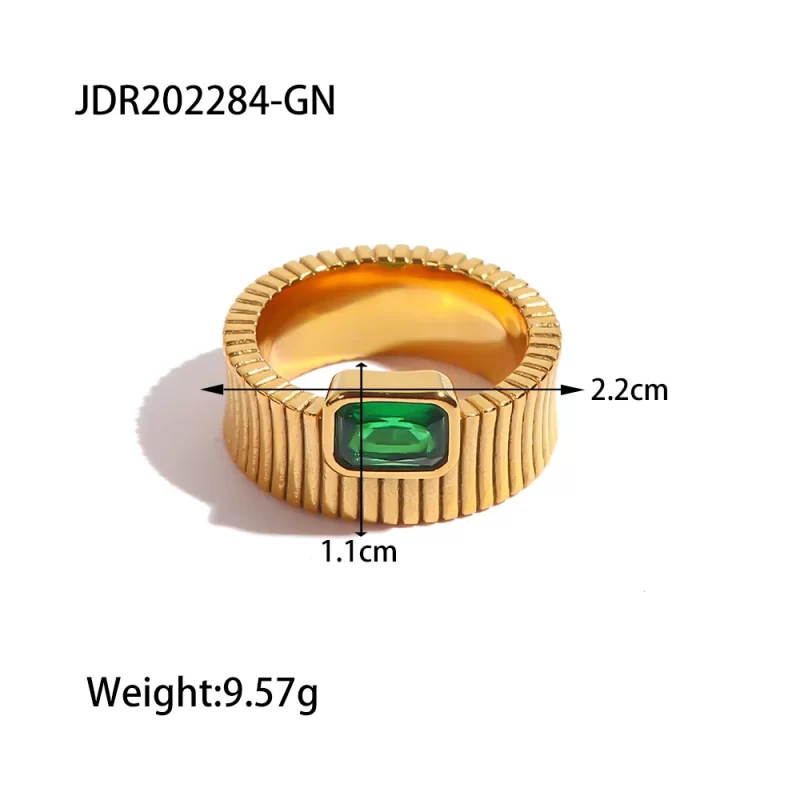 J&D Fashionable Minimalist 18K Gold Plated Statement Stainless Steel Summer Green Ring - Image 3