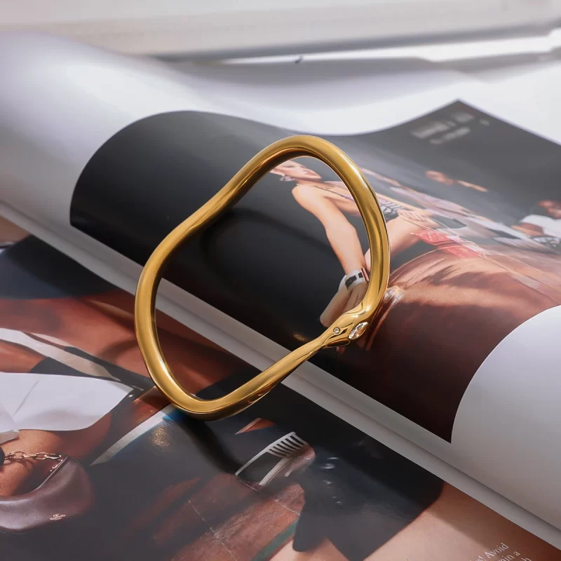 J&D 18K PVD Gold Plated White Snake Series Irregular Bracelet Opening Cuff Bangle for Women Zircon - Image 5