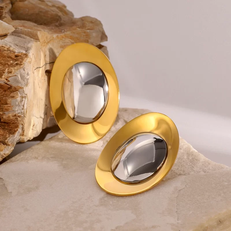18K PVD Gold Stainless Steel Two Tone Round Metal Color Matching Earrings - Image 2