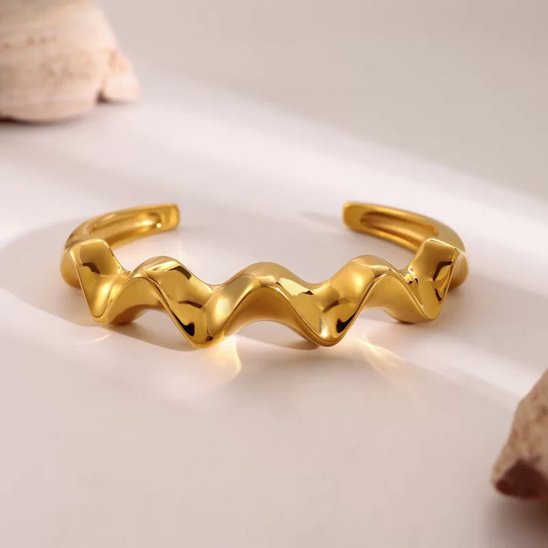 J&D Jewelry Wave Irregular Cuff Bangle 18K Gold Plated Stainless Steel Opening Bangle for Ladies and Gift - Image 2