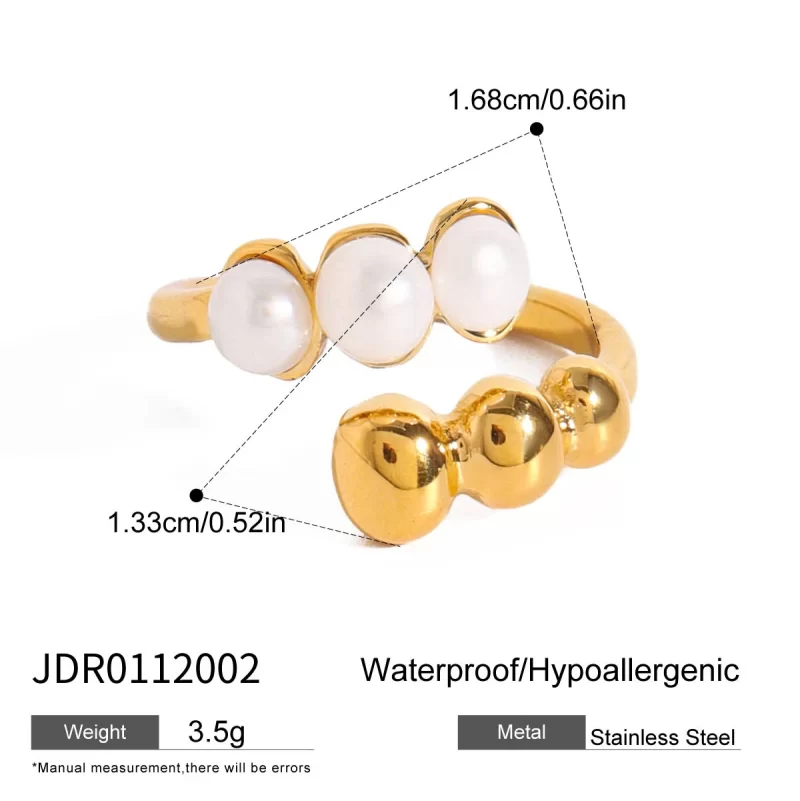 J&D 18K Gold Stainless Steel Elegant Adjustable Statement Jewelry Freshwater Pearl Beaded Open Ring - Image 5