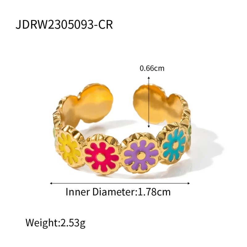 Summer Colorful Flower Ring 18K PVD Gold Plated Stainless Steel Hand Making Oil Drop Craft Open Ring - Image 3