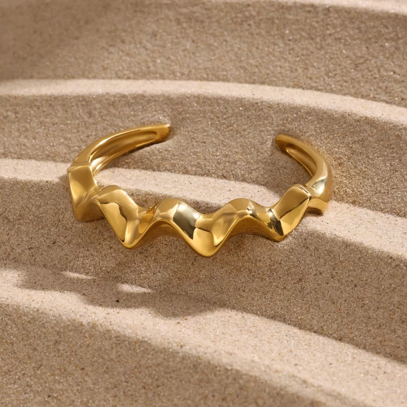 J&D Jewelry Wave Irregular Cuff Bangle 18K Gold Plated Stainless Steel Opening Bangle for Ladies and Gift - Image 3
