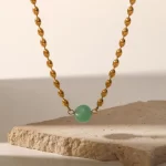 Stainless Steel 18K Gold Plated Jewelry Green Natural Stone Oval Golden Bead Necklace for Women