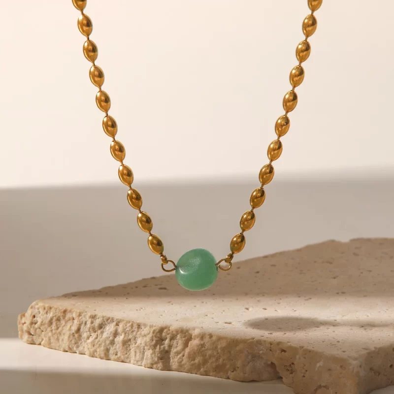 Stainless Steel 18K Gold Plated Jewelry Green Natural Stone Oval Golden Bead Necklace for Women
