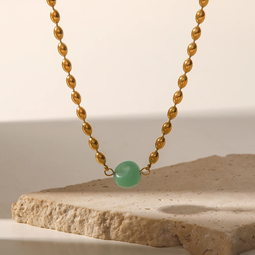 Stainless Steel 18K Gold Plated Jewelry Green Natural Stone Oval Golden Bead Necklace for Women