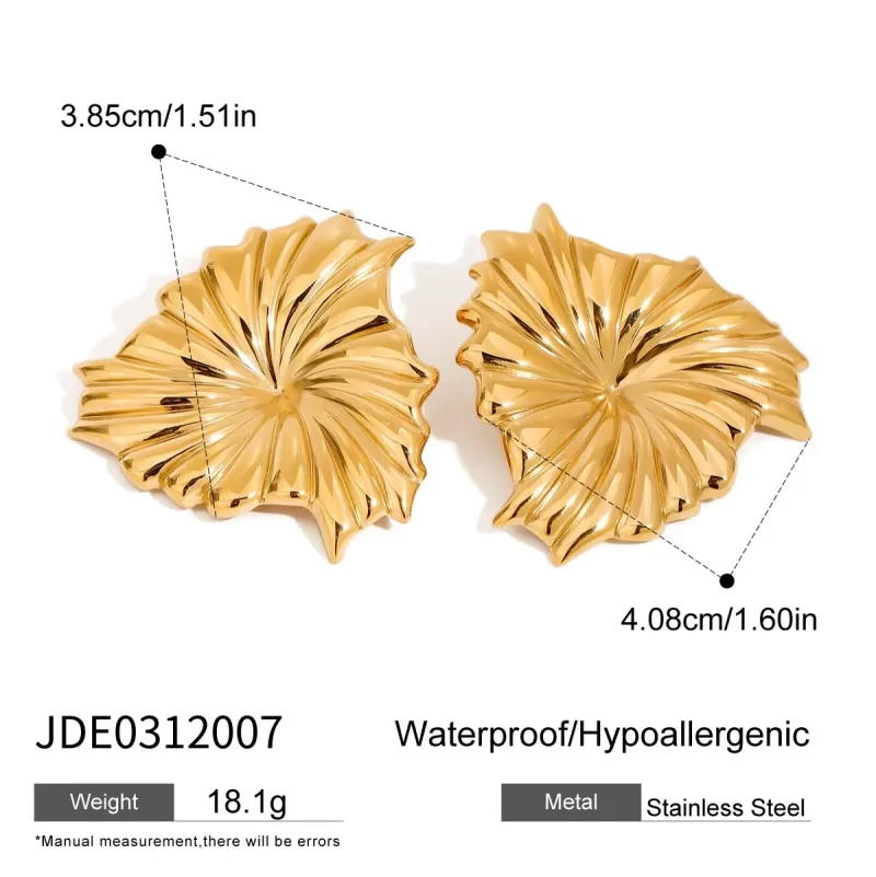Delicate Jewelry Women 18K Gold Stainless Steel Waterproof Earrings Ribbed Large Leaf Big Earrings - Image 6