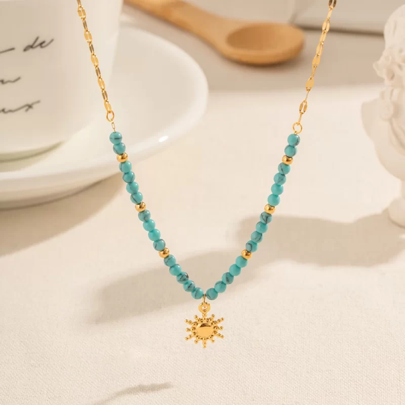 Ins Popular Bohemian 18K Gold Plated Turquoise Oval Chain Gemstone Beaded Sun Pendant Necklace for Girls - Image 2