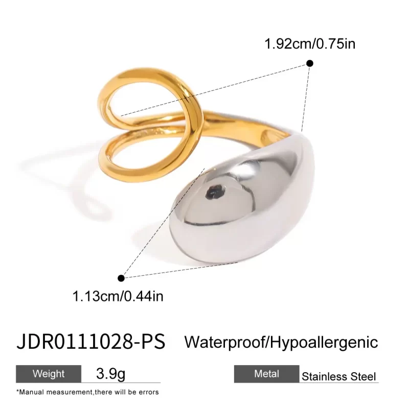J&D 18K Gold Stainless Steel Adjustable Trendy Fashion Jewelry Two-Tone Waterdrop Geometric Open Ring - Image 5