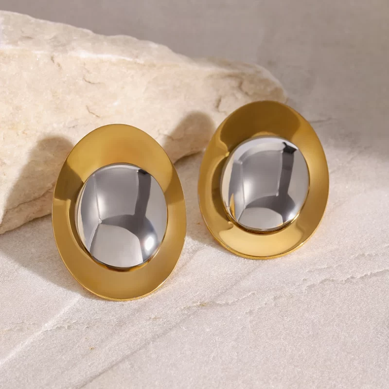18K PVD Gold Stainless Steel Two Tone Round Metal Color Matching Earrings - Image 3