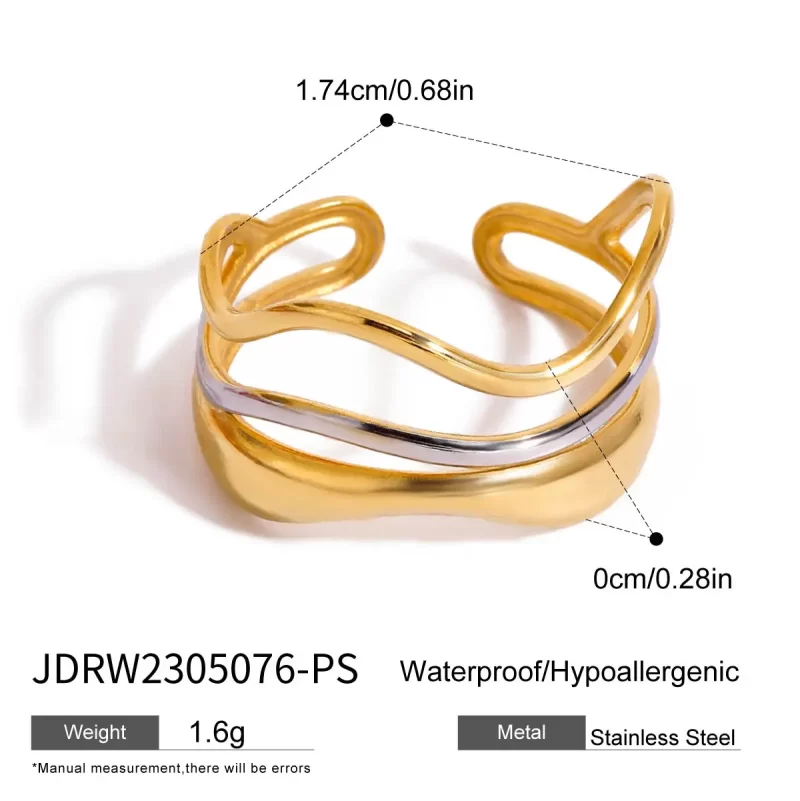 J&D Women's Two Tone Stainless Steel Ring 18K Gold PVD Plated Waterwave Liner Opening Finger Ring Engagement Party Anniversary - Image 4
