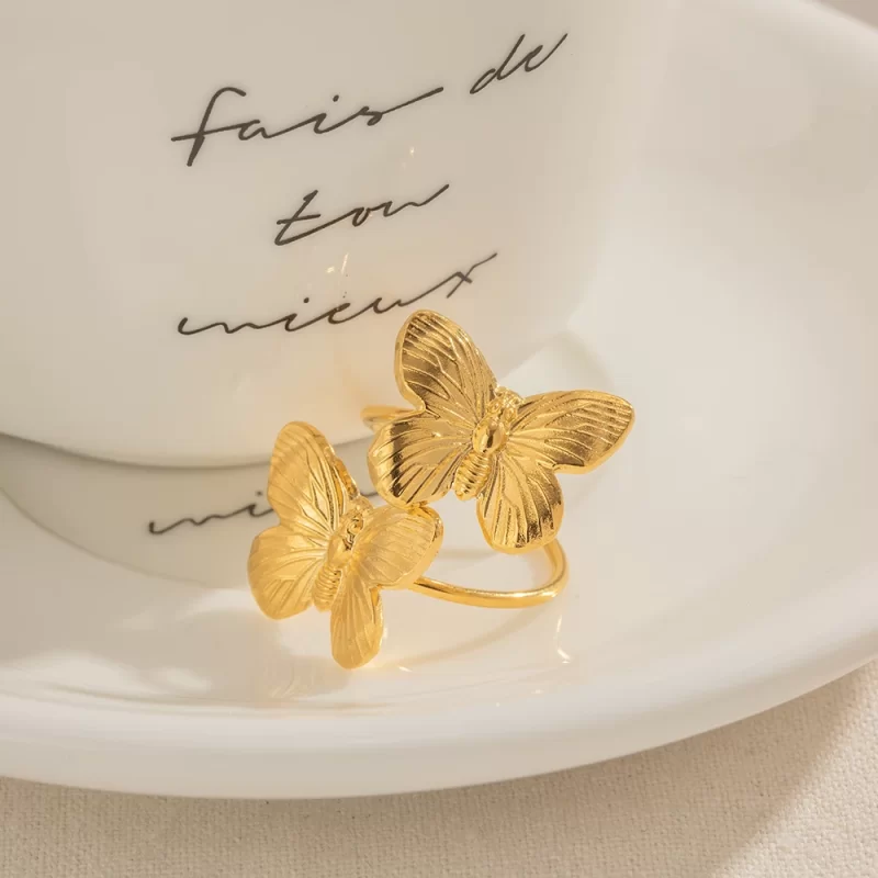 2023 New Trend 18K Gold Plated Double Butterfly Open Rings Stainless Steel Fashion Jewelry for Women - Image 3