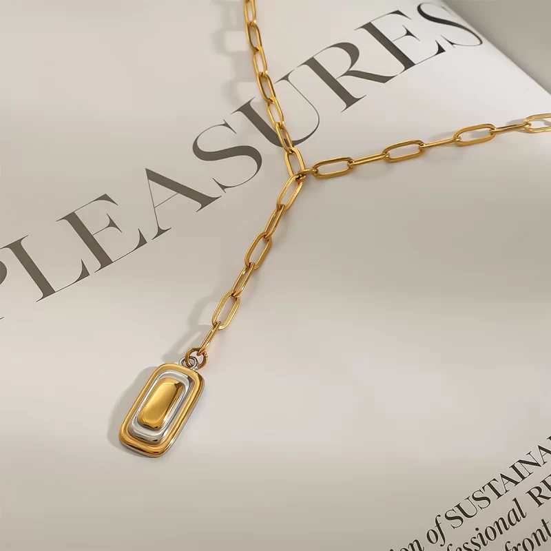 Youthway Unique Punk Stainless Steel Geometric Gold&Silver Rectangle Pendant Chain Necklace For Unisex Waterproof Jewelry Party - Image 2