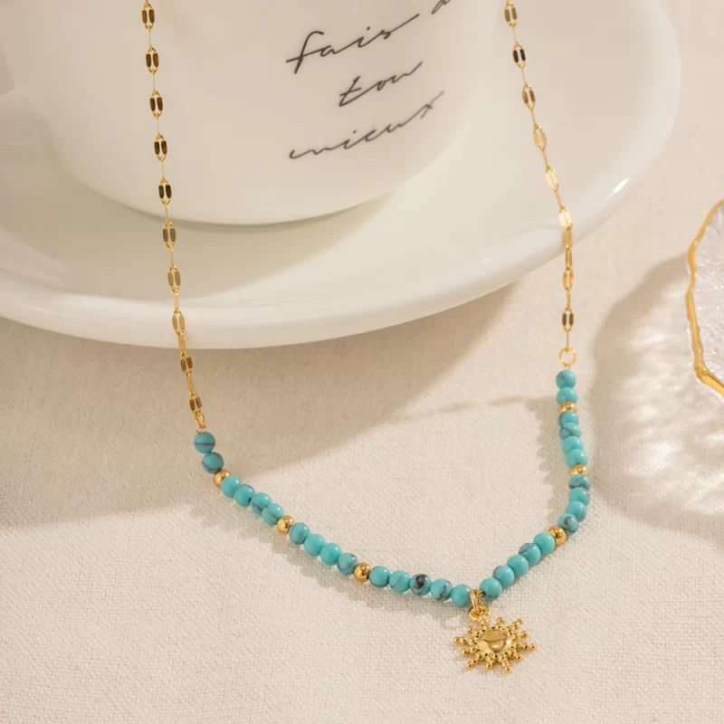 Ins Popular Bohemian 18K Gold Plated Turquoise Oval Chain Gemstone Beaded Sun Pendant Necklace for Girls - Image 4