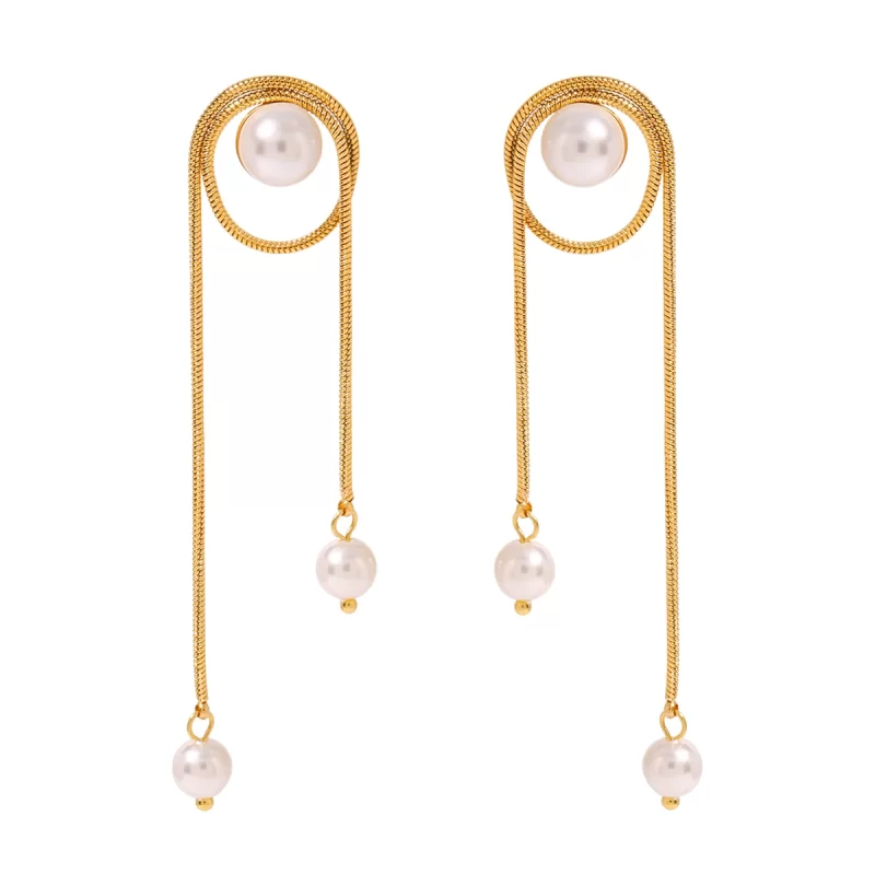 Wholesale 18K Stainless Steel Waterproof Fashionable Imitation Shell Pearl Round Snake Chain Tassel Earrings
