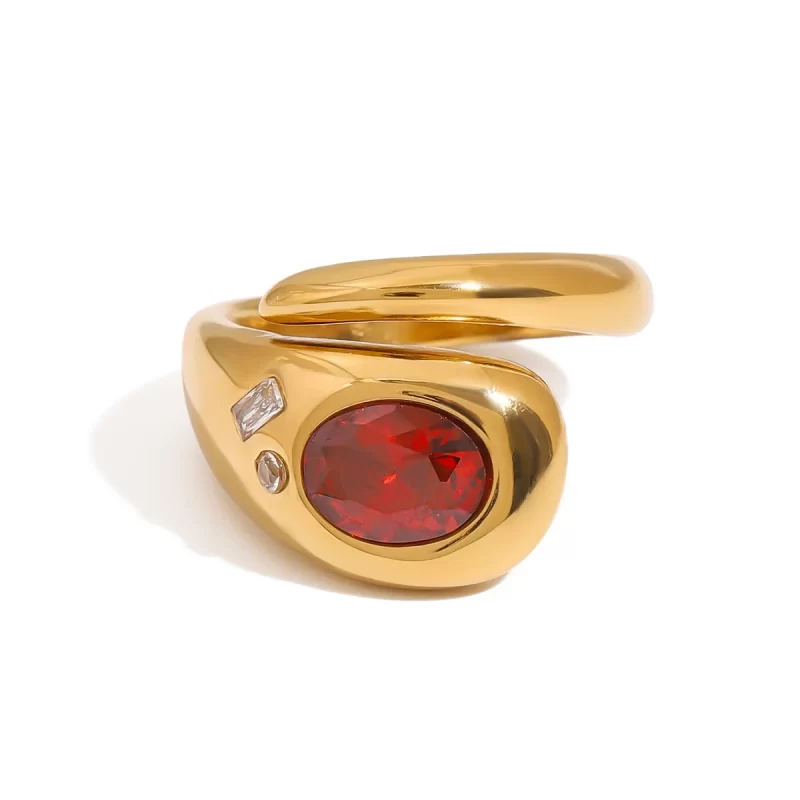 J&D 18K Gold Stainless Steel Red Glass Zirconium Snake Series Open Ring