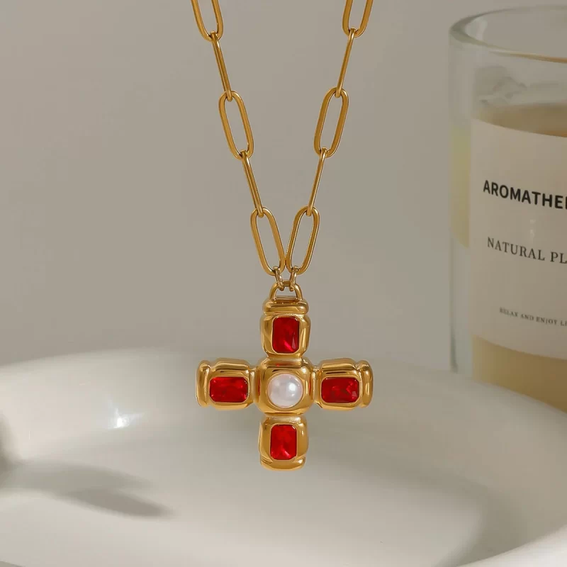 Youthway New Design Trendy Vintage Gold Plated Stainless Steel Red Zircon Imitation Pearl Cross Pendant Necklace Women Jewelry - Image 5