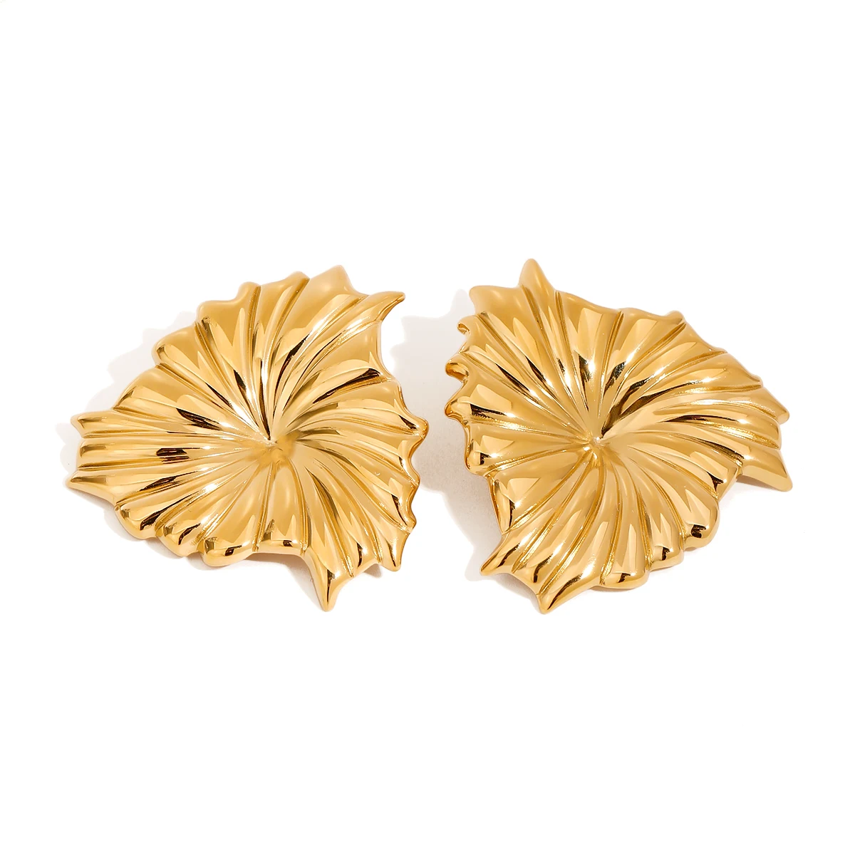 Delicate Jewelry Women 18K Gold Stainless Steel Waterproof Earrings Ribbed Large Leaf Big Earrings