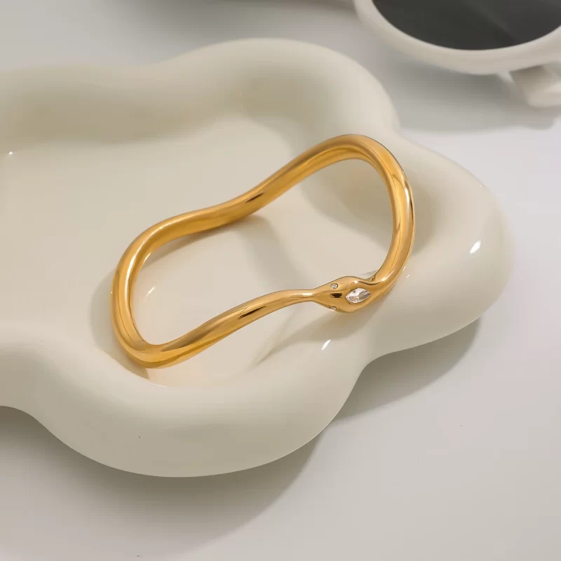 J&D 18K PVD Gold Plated White Snake Series Irregular Bracelet Opening Cuff Bangle for Women Zircon - Image 4