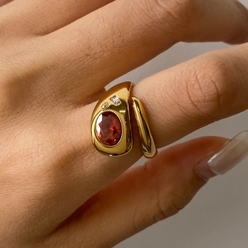 J&D 18K Gold Stainless Steel Red Glass Zirconium Snake Series Open Ring - Image 2