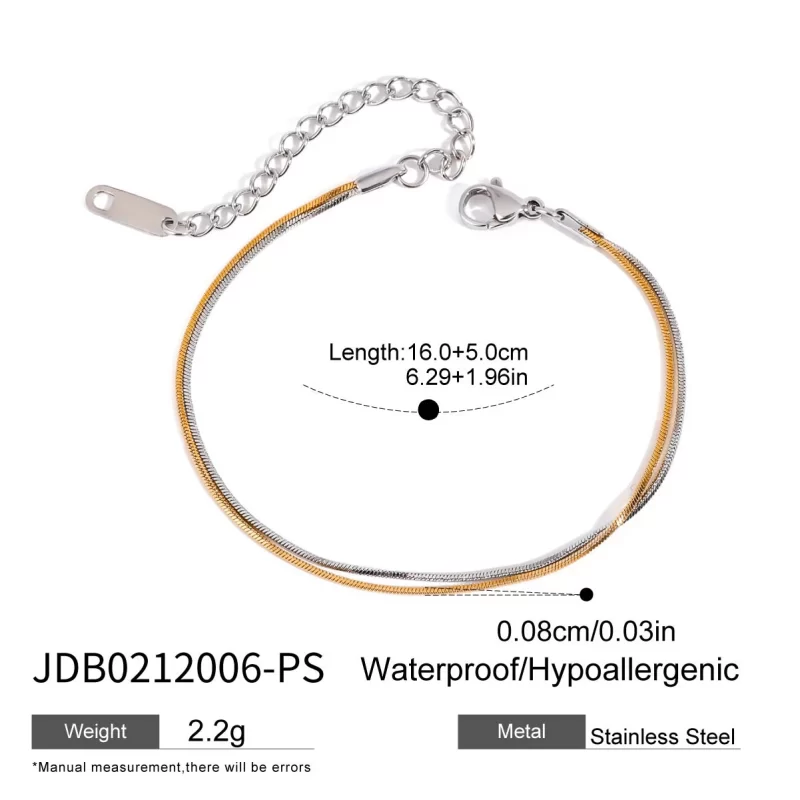 18K Gold Stainless Steel Gold And Silver Color Matching Square Snake Bone Chain 2-Layer Bracelet - Image 6