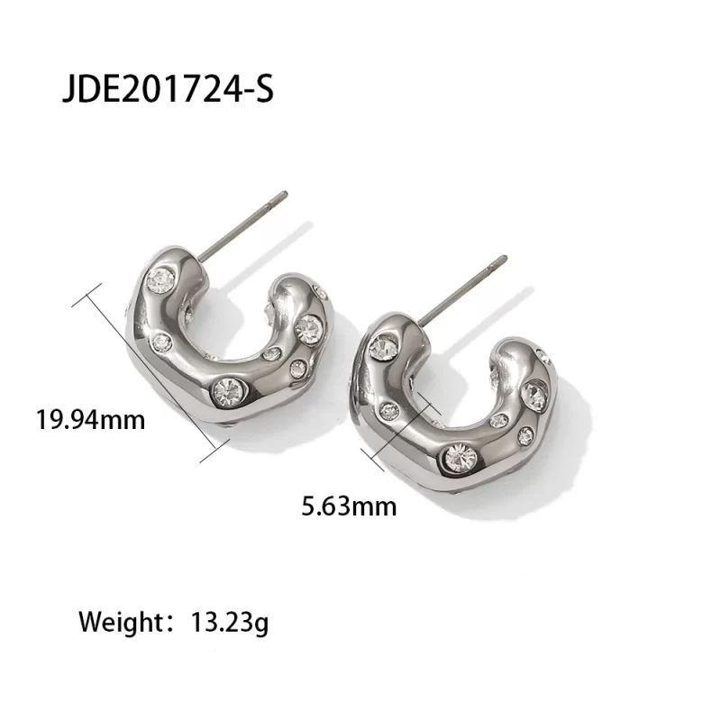 Stainless Steel Special-shaped Hammer Pearl Zircon CC Shaped Earrings - Image 4