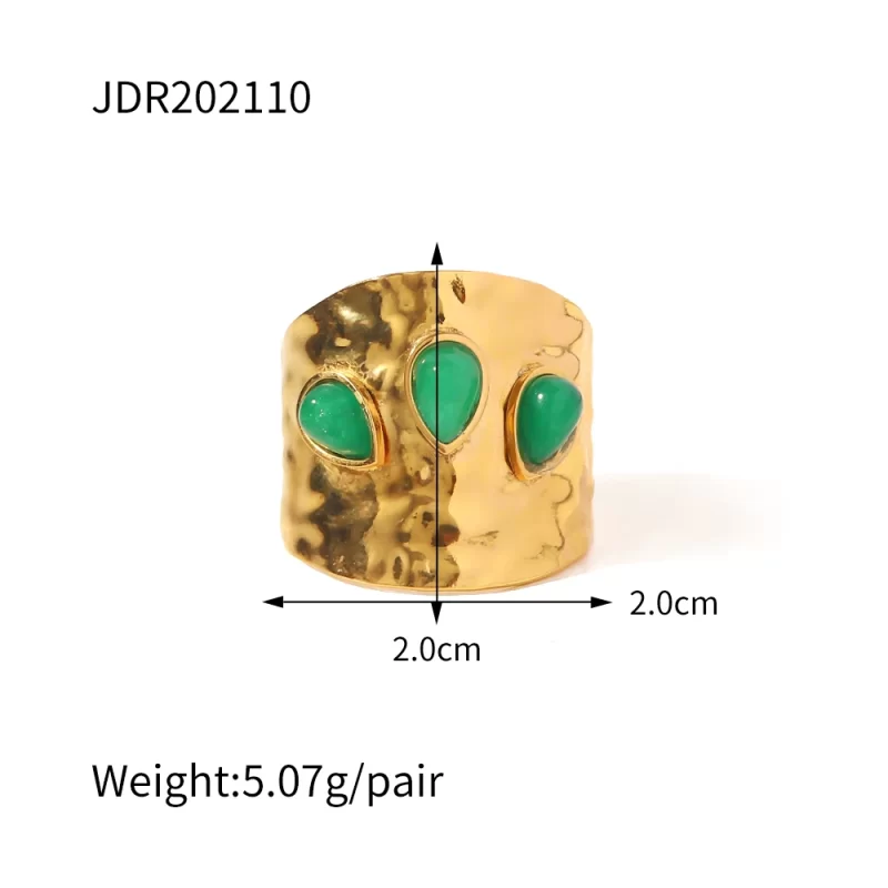 3 Irregular Green Natural Stone Chunky Hammered 18K Gold Plated Stainless Steel Opening Ring - Image 5