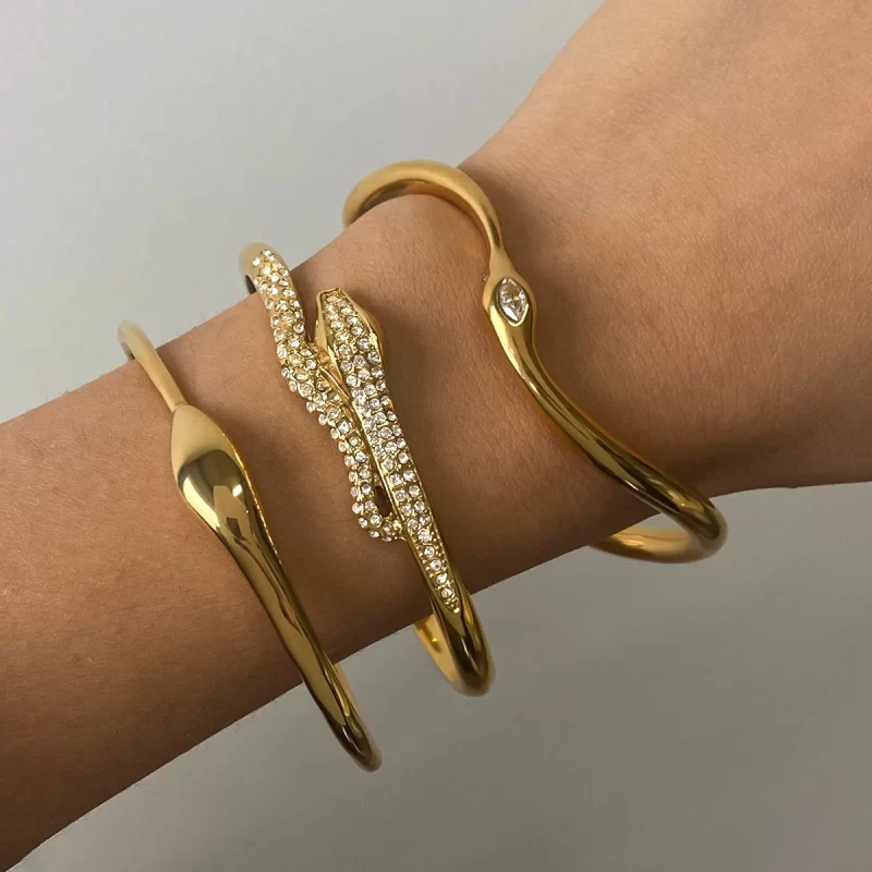 J&D 18K PVD Gold Plated White Snake Series Irregular Bracelet Opening Cuff Bangle for Women Zircon - Image 2