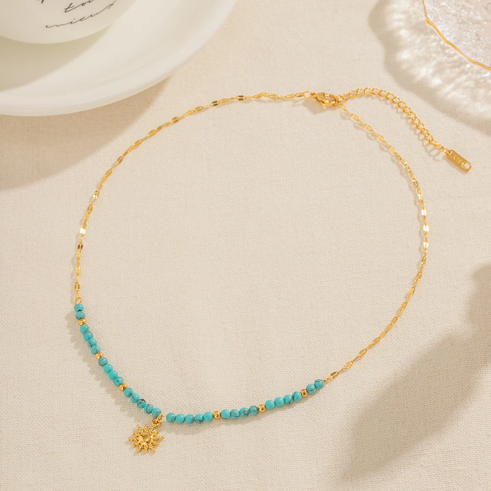 Ins Popular Bohemian 18K Gold Plated Turquoise Oval Chain Gemstone Beaded Sun Pendant Necklace for Girls