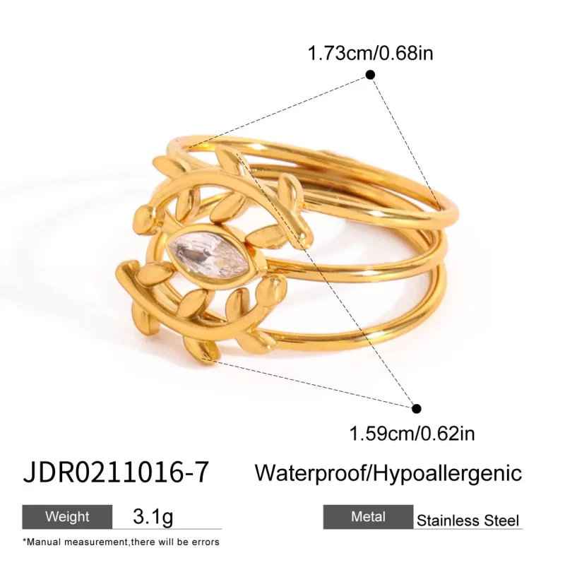 J&D 18K Gold Stainless Steel White Diamond Marquise Shaped Diamond and Leaf Eye Stackable Rings Set - Image 5