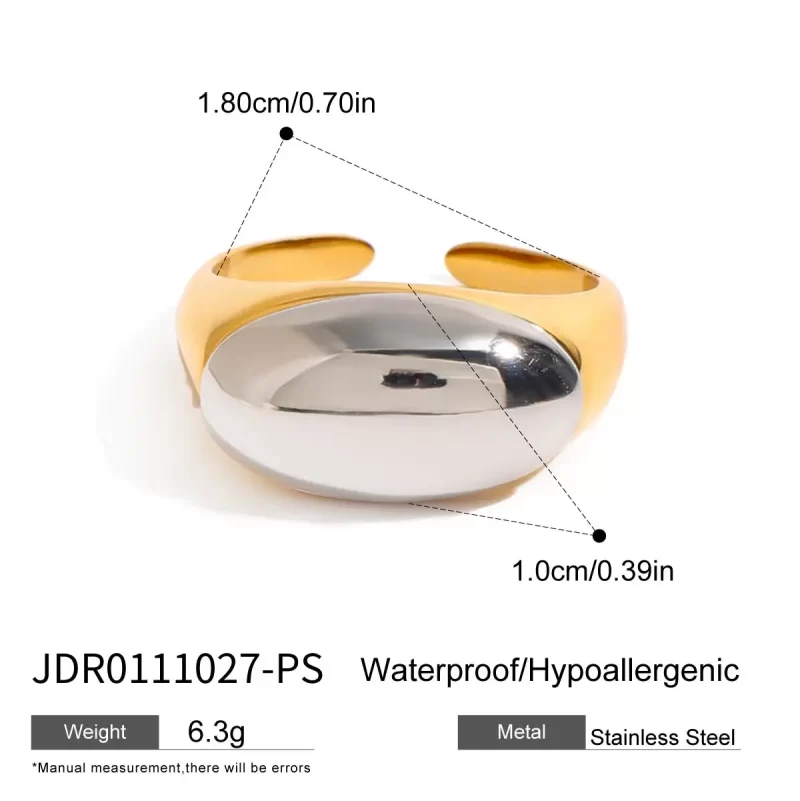 J&D 18K Gold Stainless Steel Modern Minimalist Chic Adjustable Jewelry Two-Tone Polished Oval Open Ring - Image 5