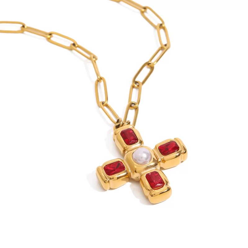 Youthway New Design Trendy Vintage Gold Plated Stainless Steel Red Zircon Imitation Pearl Cross Pendant Necklace Women Jewelry