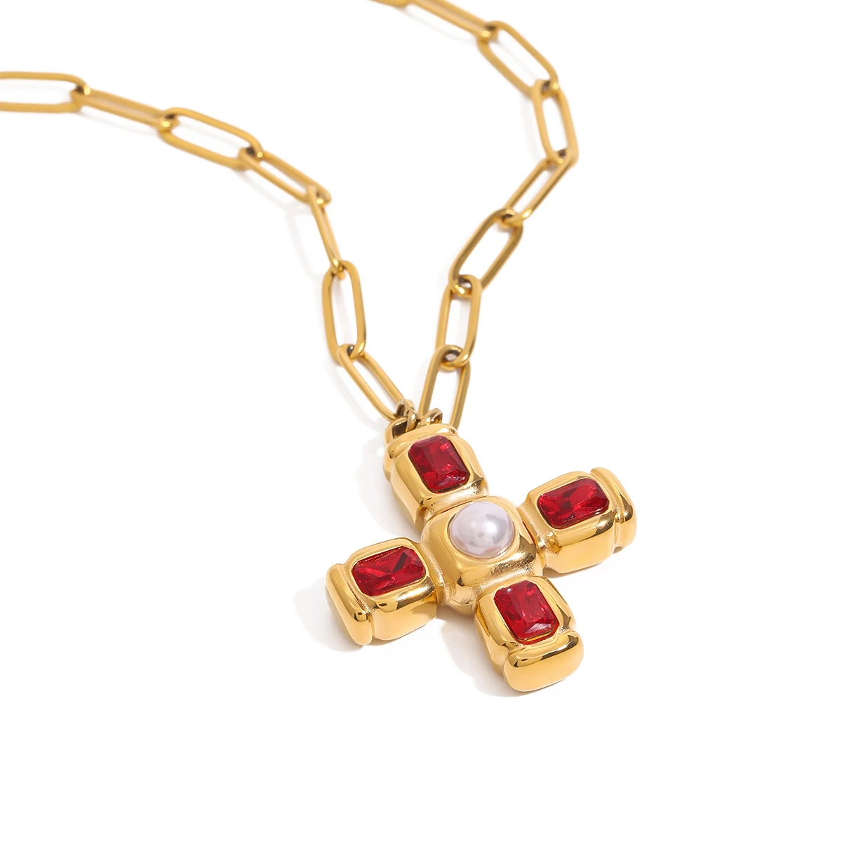 Youthway New Design Trendy Vintage Gold Plated Stainless Steel Red Zircon Imitation Pearl Cross Pendant Necklace Women Jewelry