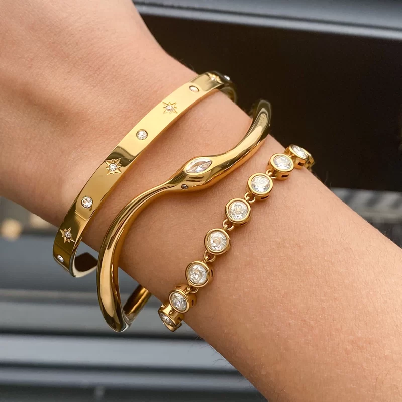 J&D 18K PVD Gold Plated White Snake Series Irregular Bracelet Opening Cuff Bangle for Women Zircon - Image 3