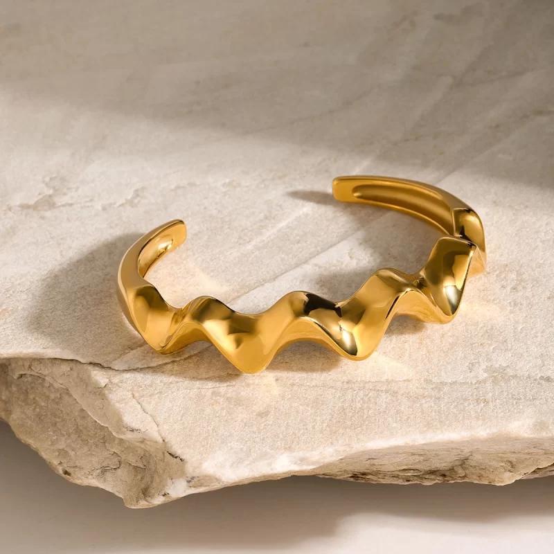 J&D Jewelry Wave Irregular Cuff Bangle 18K Gold Plated Stainless Steel Opening Bangle for Ladies and Gift - Image 4