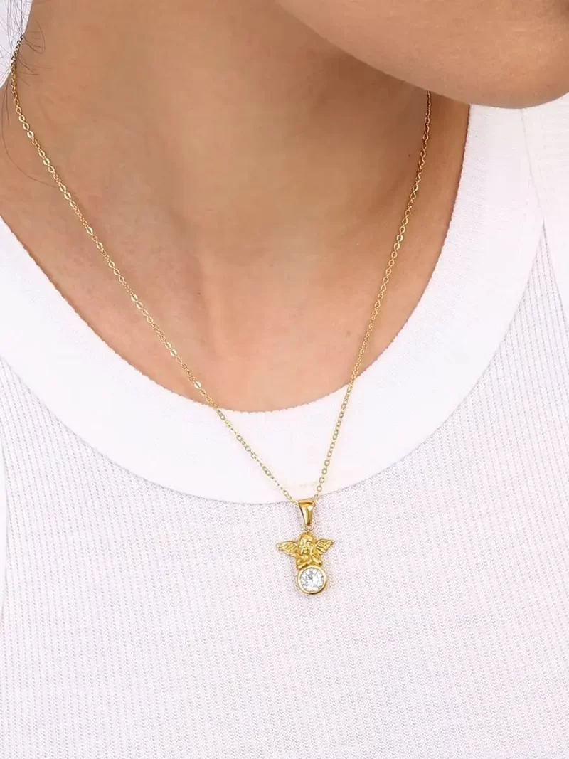 Youthway 18K Gold Plated Stainless Steel White Rhinestone Angel Pendant Necklace Waterproof Trendy Statement Jewelry New 2024 - Image 2