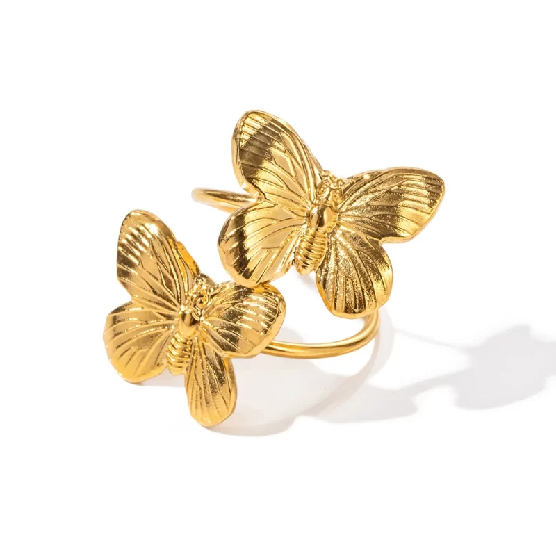 2023 New Trend 18K Gold Plated Double Butterfly Open Rings Stainless Steel Fashion Jewelry for Women