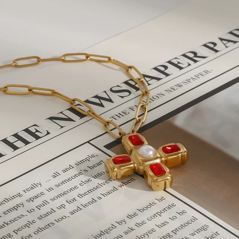 Youthway New Design Trendy Vintage Gold Plated Stainless Steel Red Zircon Imitation Pearl Cross Pendant Necklace Women Jewelry - Image 2