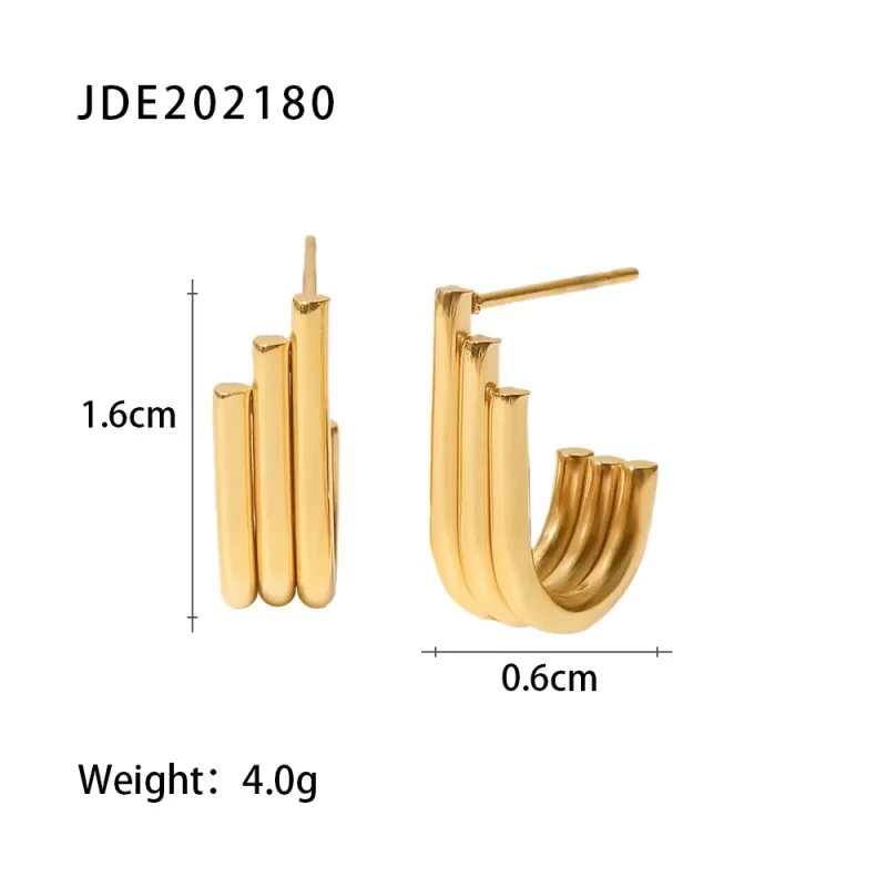 18k Gold Plated Three Layers Pipe Organ U Shape Stainless Steel Stud Earrings - Image 4