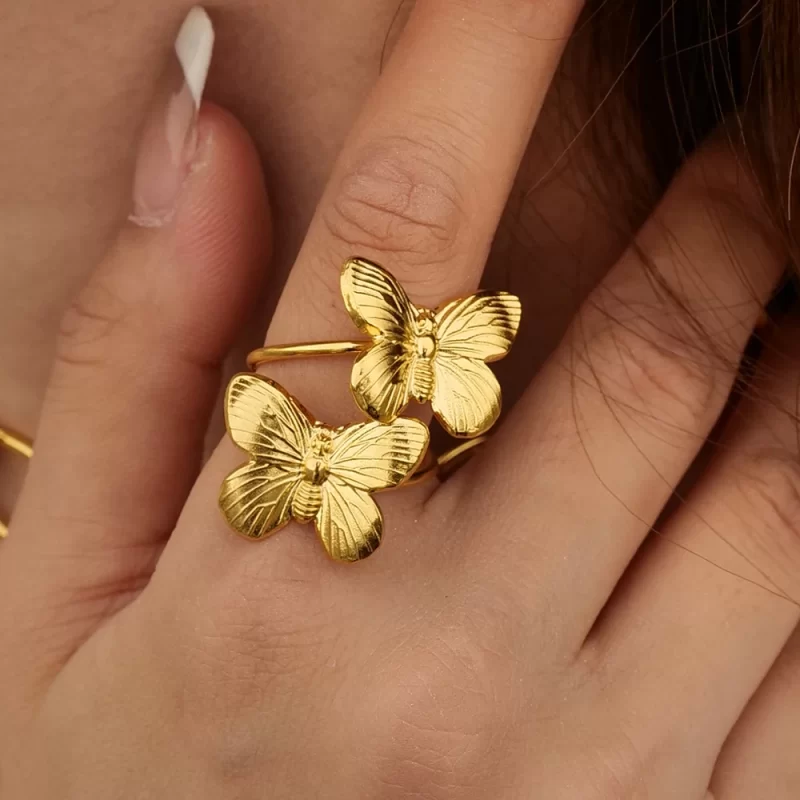 2023 New Trend 18K Gold Plated Double Butterfly Open Rings Stainless Steel Fashion Jewelry for Women - Image 2