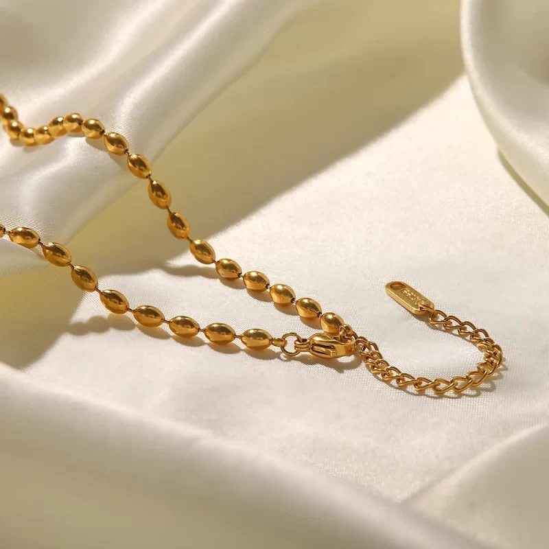 Stainless Steel 18K Gold Plated Jewelry Green Natural Stone Oval Golden Bead Necklace for Women - Image 2