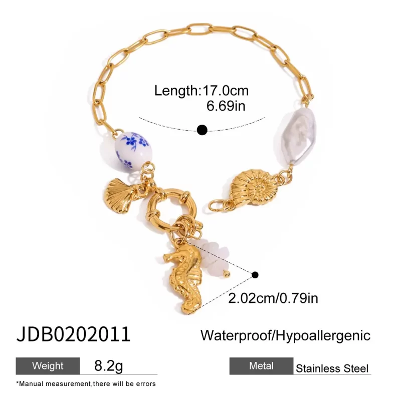 J&D Summer 18K Gold Stainless Steel Ceramic Pearl Conch Seahorse Shell Charms Sailor Buckle Bracelets - Image 6