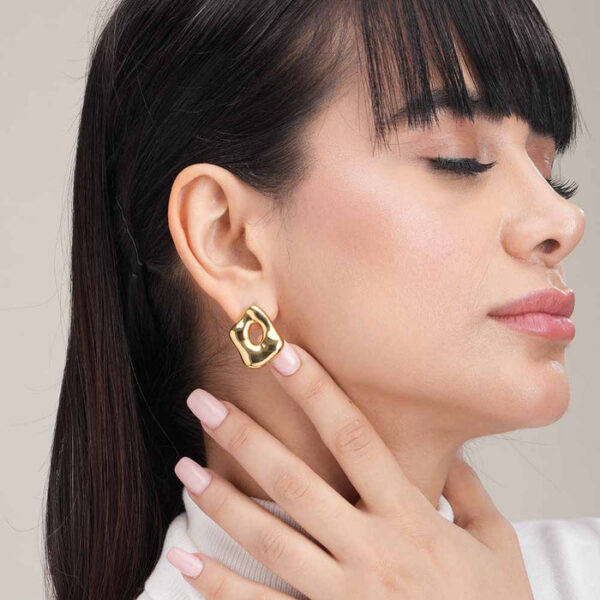 18K Gold Stainless Steel Geometric Hollow Earrings Pair (Left & Right) - Image 3