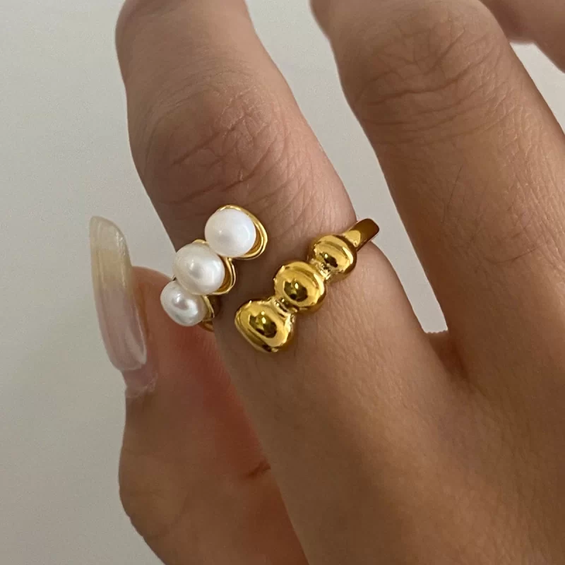 J&D 18K Gold Stainless Steel Elegant Adjustable Statement Jewelry Freshwater Pearl Beaded Open Ring - Image 2