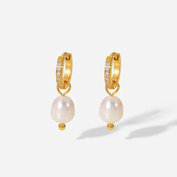 18k Gold Pvd Plated Stainless Steel Jewelry Cubic Zirconia Hoop Freshwater Pearl Pendant Earrings