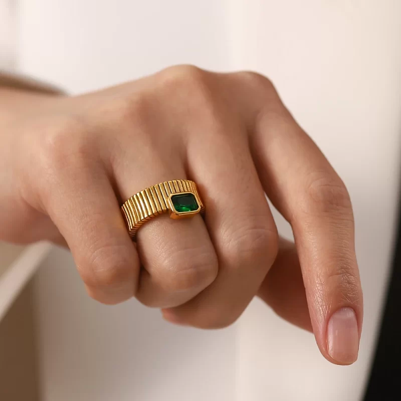 J&D Fashionable Minimalist 18K Gold Plated Statement Stainless Steel Summer Green Ring - Image 2