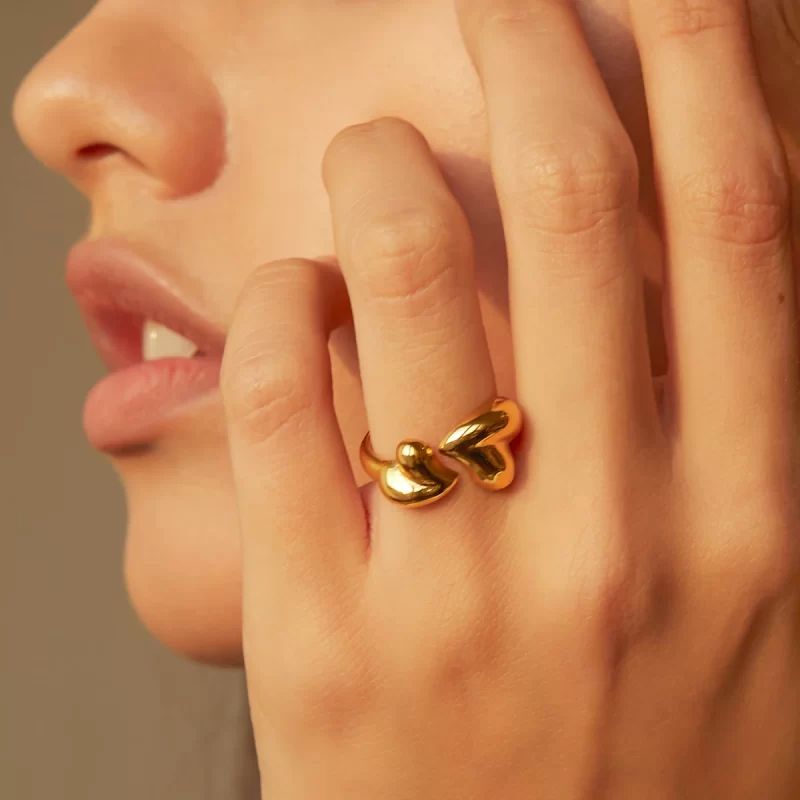 J&D Dissymmetry Heart Shaped Opening Ring 18K Gold Plated Stainless Steel Fashion Women's Jewelry for Girls - Image 2