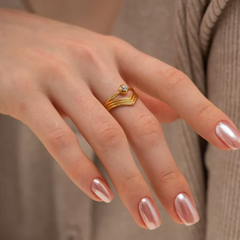 Charm Stainless Steel 18K Gold Plated Opening Ring Gift Cubic Zirconia Mulit Layer V Shaped Rings - Image 3